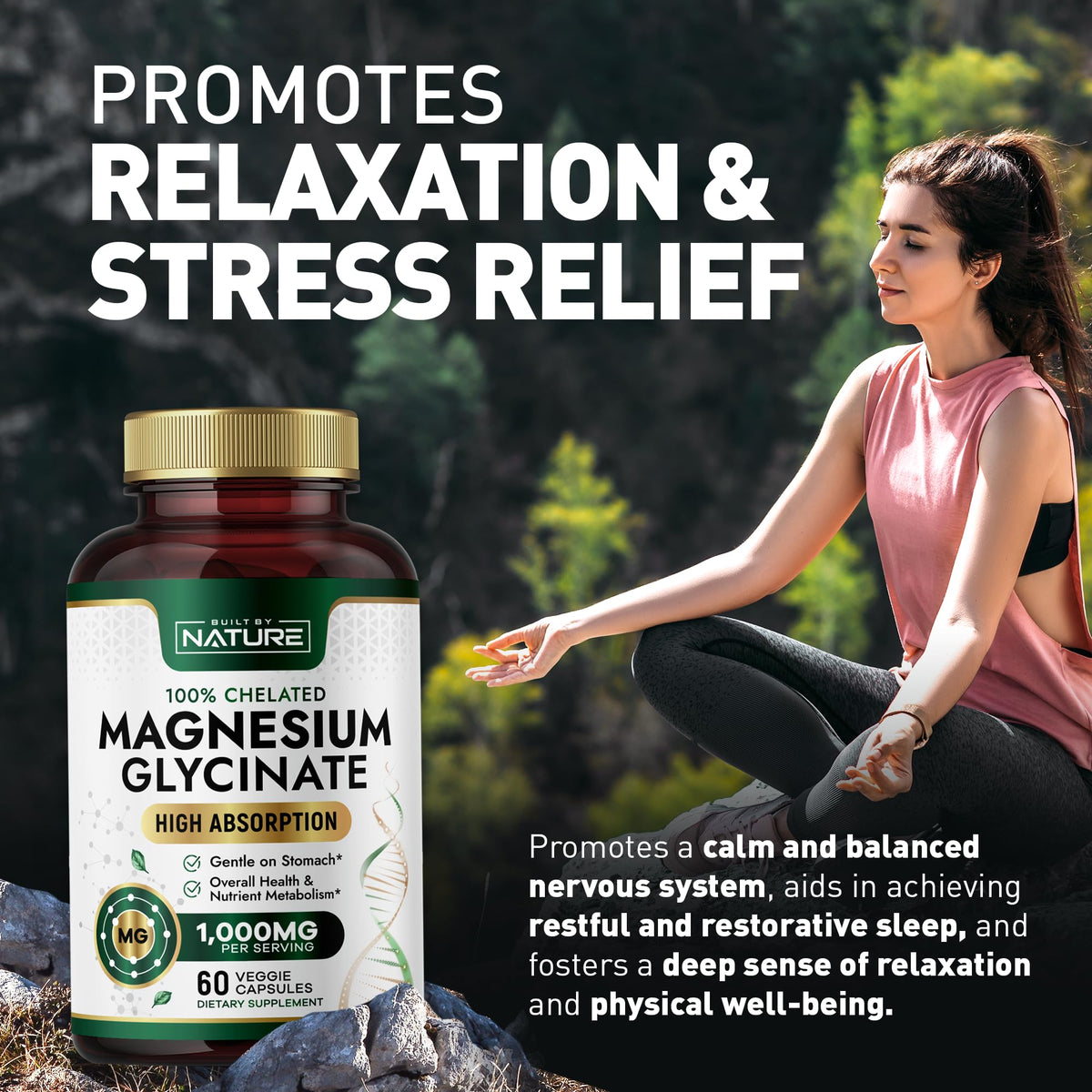 Built By Nature Magnesium Glycinate 1000mg - عالي الامتصاص، مخلّب 100%، لطيف على المعدة | 60 كبسولة