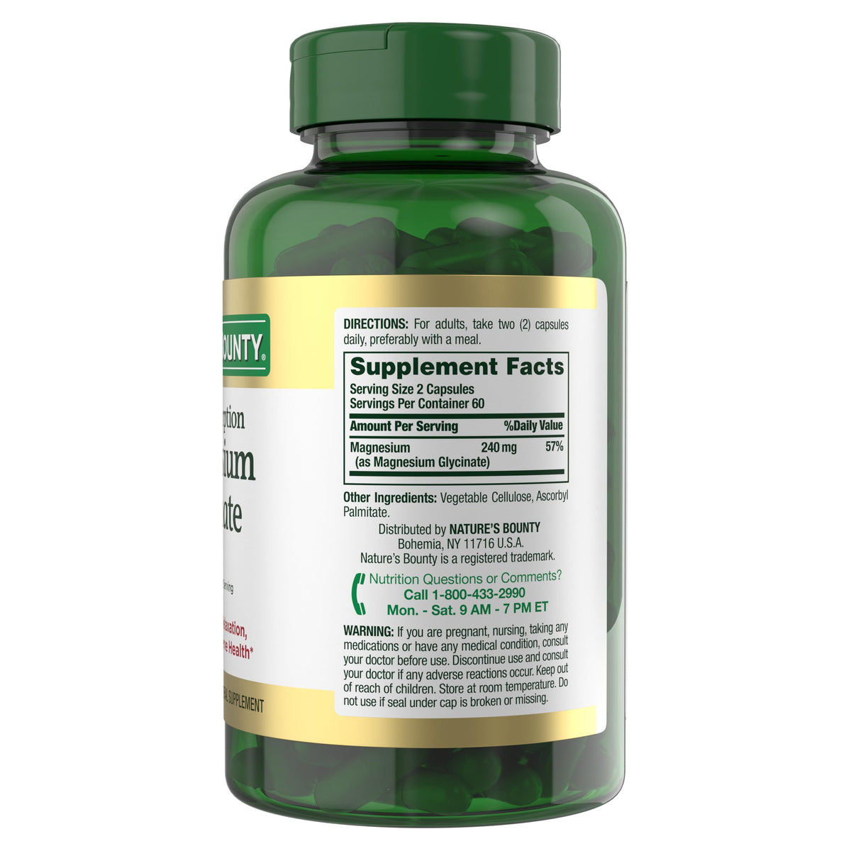 Nature’s Bounty Magnesium Glycinate 240 mg - 120 كبسولة لصحة العضلات والقلب والعظام والأعصاب