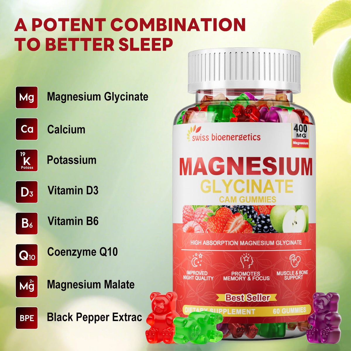 (2 Pack) Magnesium Glycinate Gummies 400mg β Sugar Free, Vegan, Non-GMO