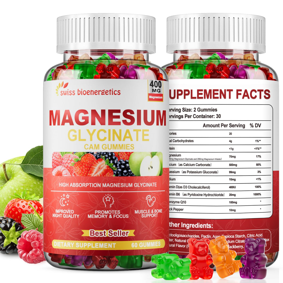 (2 Pack) Magnesium Glycinate Gummies 400mg β Sugar Free, Vegan, Non-GMO