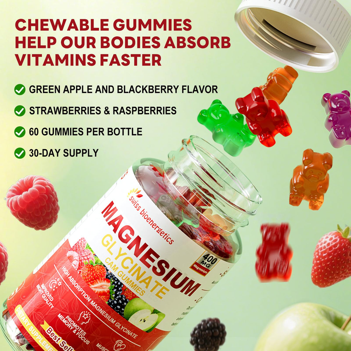 (2 Pack) Magnesium Glycinate Gummies 400mg β Sugar Free, Vegan, Non-GMO