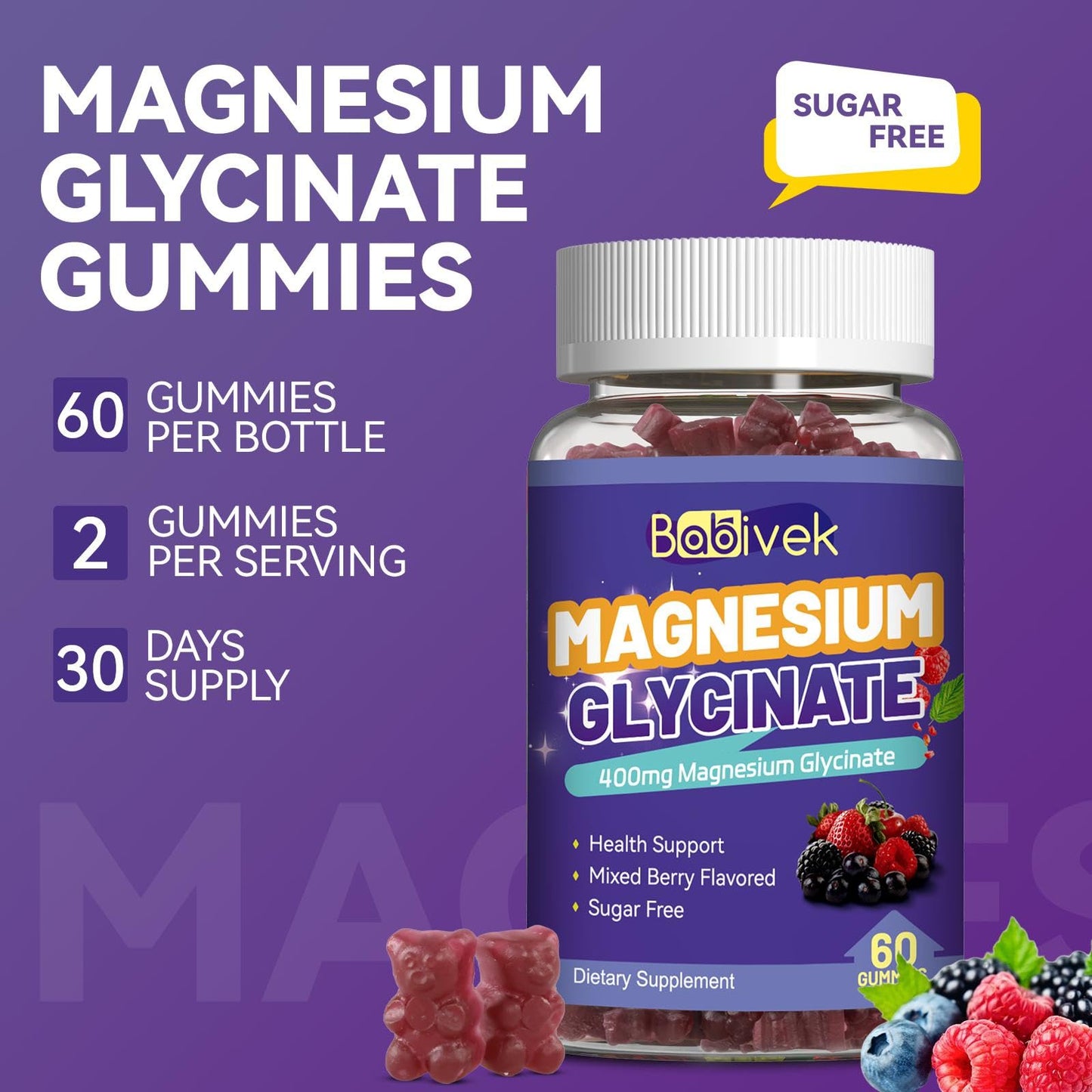 Magnesium Glycinate Gummies with Calcium, CoQ10, Potassium & Vitamins D & B6 – Sugar-Free, Vegan (60 Gummies)