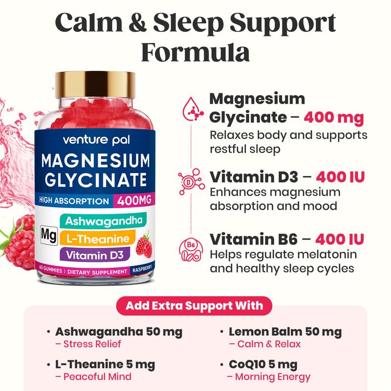 60 Day Supply Magnesium Glycinate Gummies 400mg with Ashwagandha, L-Theanine, CoQ10, Vitamin D3 & B6 β Sugar Free, Vegan & Gluten Free