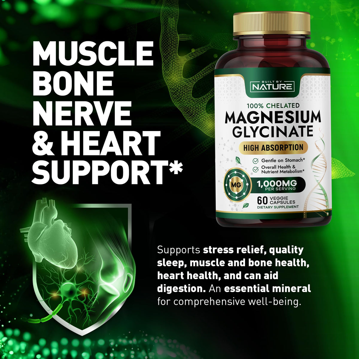 Built By Nature Magnesium Glycinate 1000mg - عالي الامتصاص، مخلّب 100%، لطيف على المعدة | 60 كبسولة