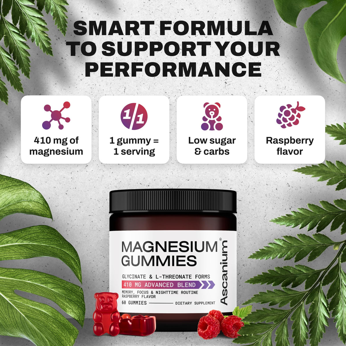 Magnesium Gummies 410 mg β Vegan Glycinate & L-Threonate, 60 Chewables