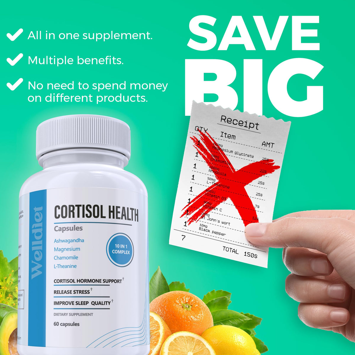 10-in-1 Cortisol Support with Magnesium & Ashwagandha β 60 Capsules