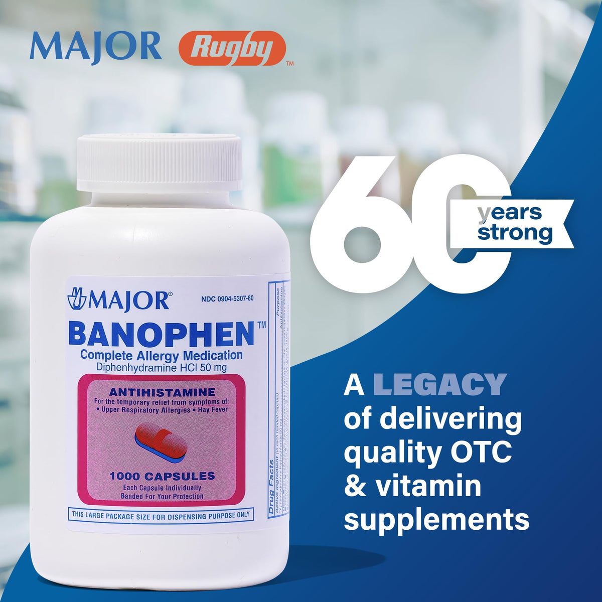 MAJOR Banophen Diphenhydramine HCl 50 mg Capsules β Temporary Allergy Relief (1000 Count)