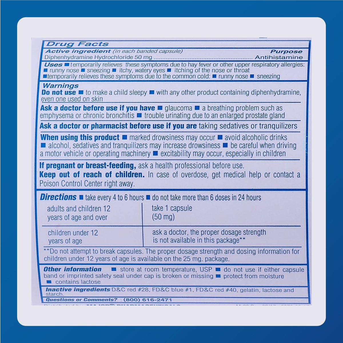 MAJOR Banophen Diphenhydramine HCl 50 mg Capsules β Temporary Allergy Relief (1000 Count)