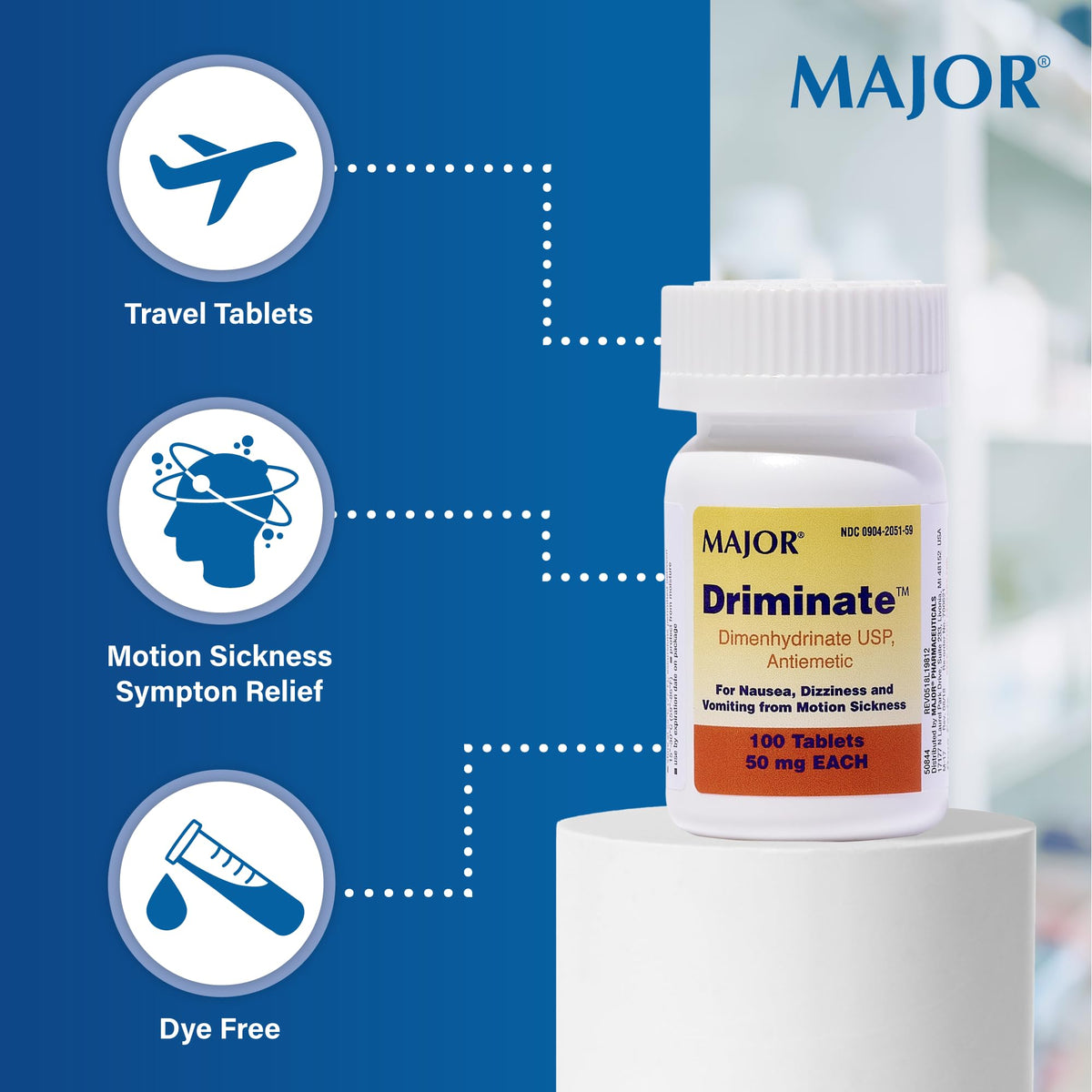 MAJOR Driminate - 50mg Dimenhydrinate Motion Sickness Tablets, 100 Count (3 Pack)