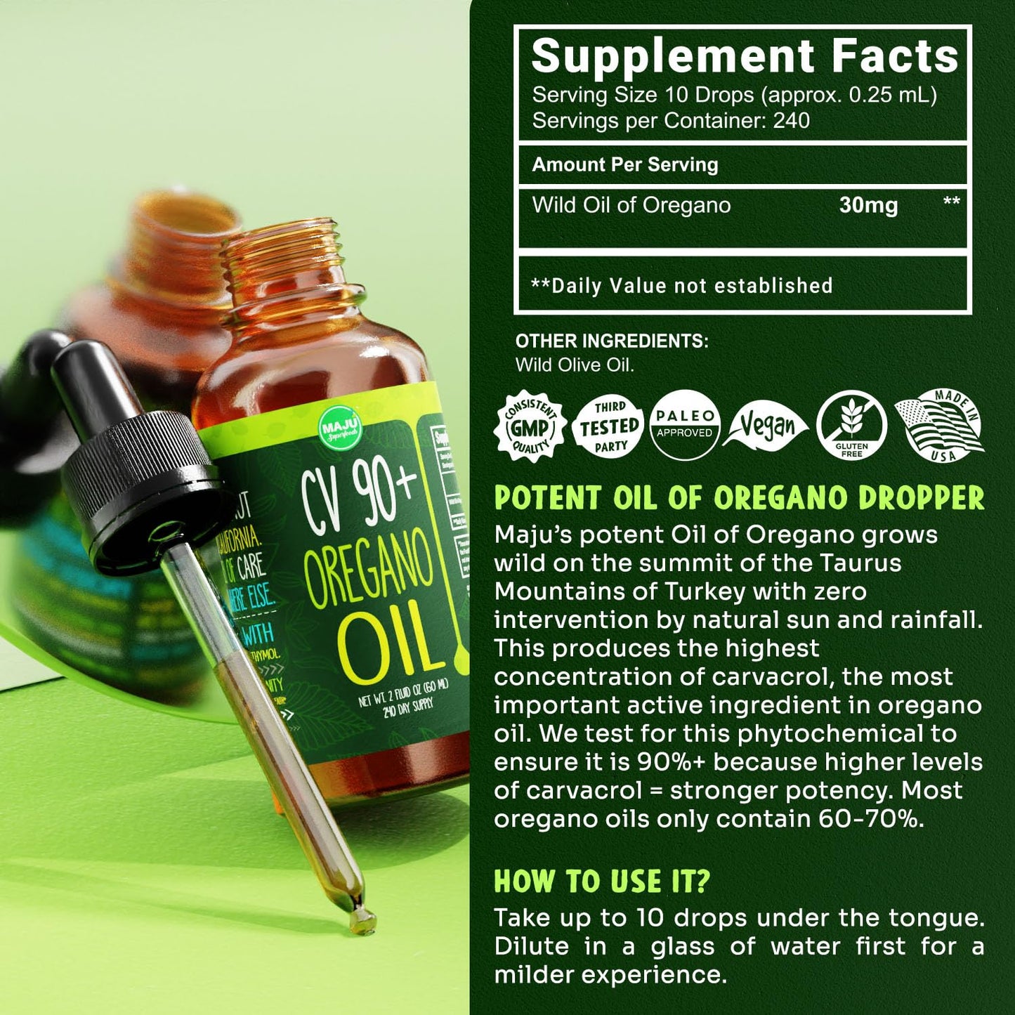 MAJU Oregano Oil Drops – 90%+ Carvacrol | 2 fl oz | Immune & Seasonal Support