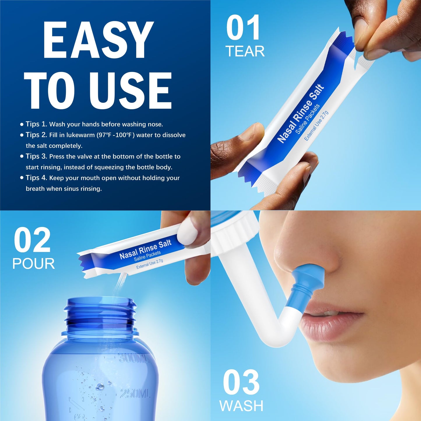 MAOEVER Neti Pot 300ml Sinus Rinse Bottle with 30 Saline Packets - BPA-Free, Anti-Backflow