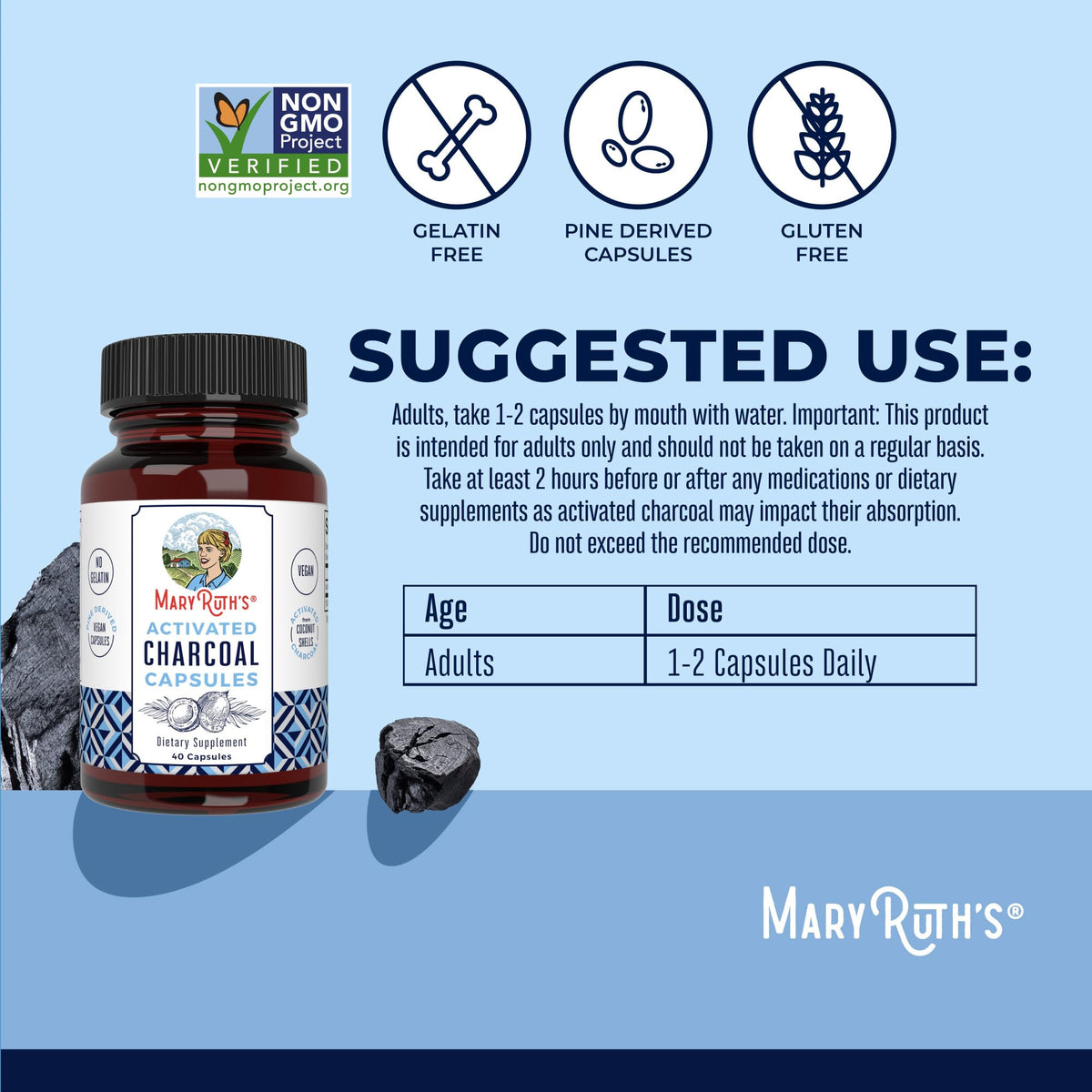 MaryRuth Organics Activated Charcoal Capsules β Vegan, Non-GMO, Gluten Free (40 Count)