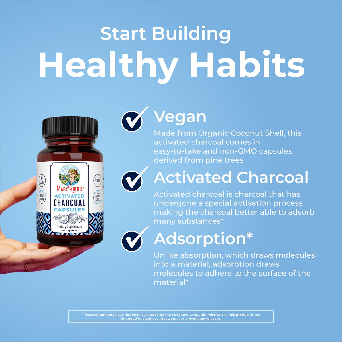 MaryRuth Organics Activated Charcoal Capsules β Vegan, Non-GMO, Gluten Free (40 Count)