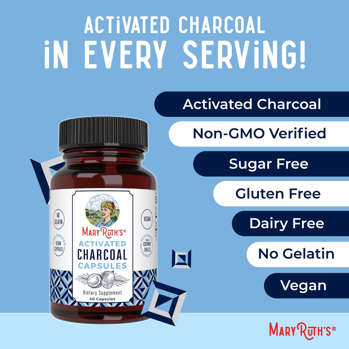 MaryRuth Organics Activated Charcoal Capsules β Vegan, Non-GMO, Gluten Free (40 Count)
