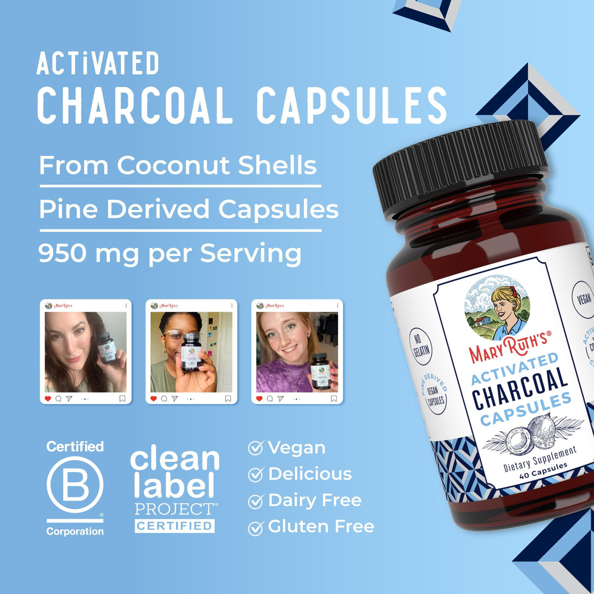 MaryRuth Organics Activated Charcoal Capsules β Vegan, Non-GMO, Gluten Free (40 Count)