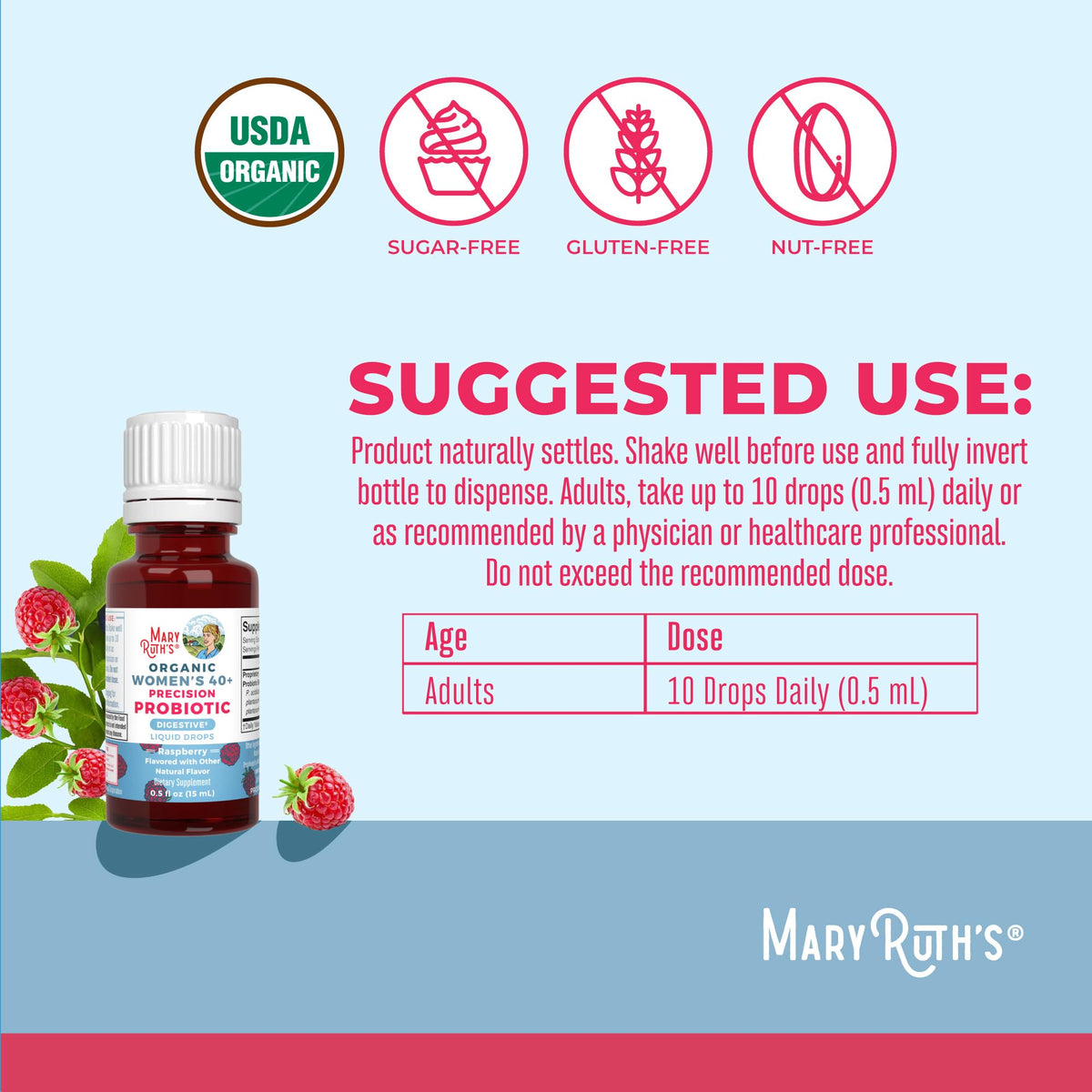 MaryRuth Organics USDA Organic 40+ Women's Probiotic Drops | Digestive Health & Stress Support