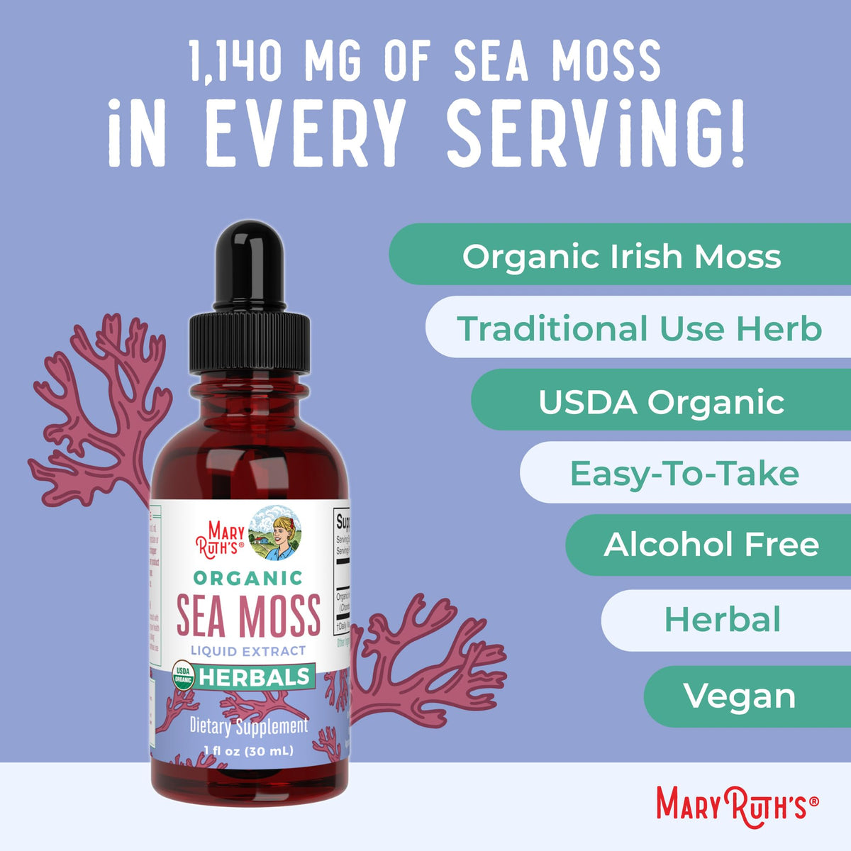 MaryRuth Organics قطرات الطحالب البحرية الأيرلندية العضوية من وزارة الزراعة الأمريكية - عضوية ونباتية وغير معدلة وراثيًا | 1 أونصة سائلة