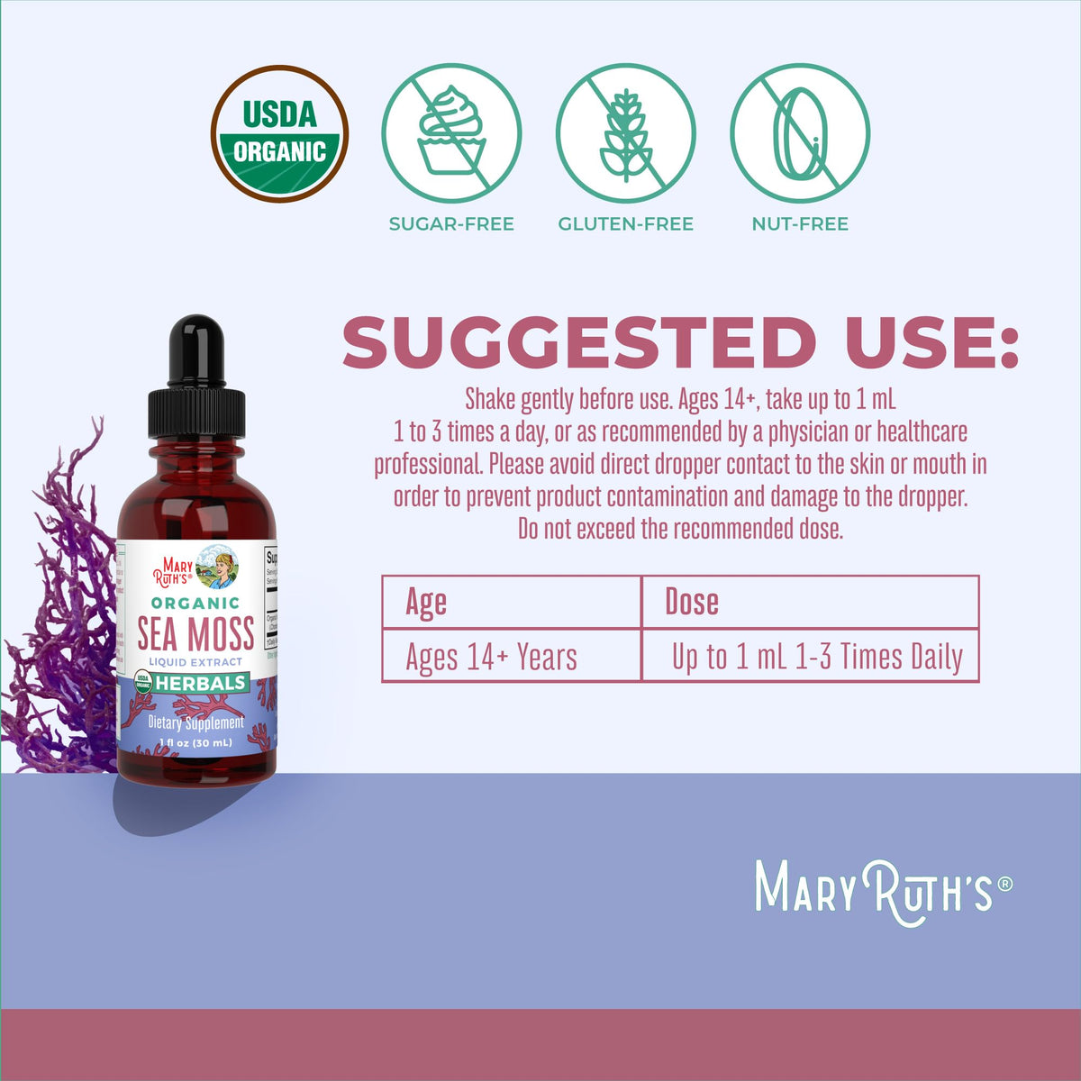 MaryRuth Organics قطرات الطحالب البحرية الأيرلندية العضوية من وزارة الزراعة الأمريكية - عضوية ونباتية وغير معدلة وراثيًا | 1 أونصة سائلة