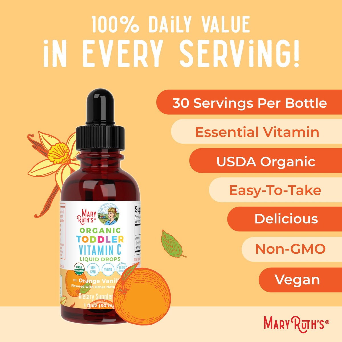 قطرات فيتامين سي للأطفال من MaryRuth Organics | فيتامين سي عضوي معتمد من وزارة الزراعة الأمريكية للأعمار 1-3 سنوات | دعم المناعة والصحة العامة | نباتي | غير معدل وراثيًا | خالٍ من الغلوتين | 30 جرعة