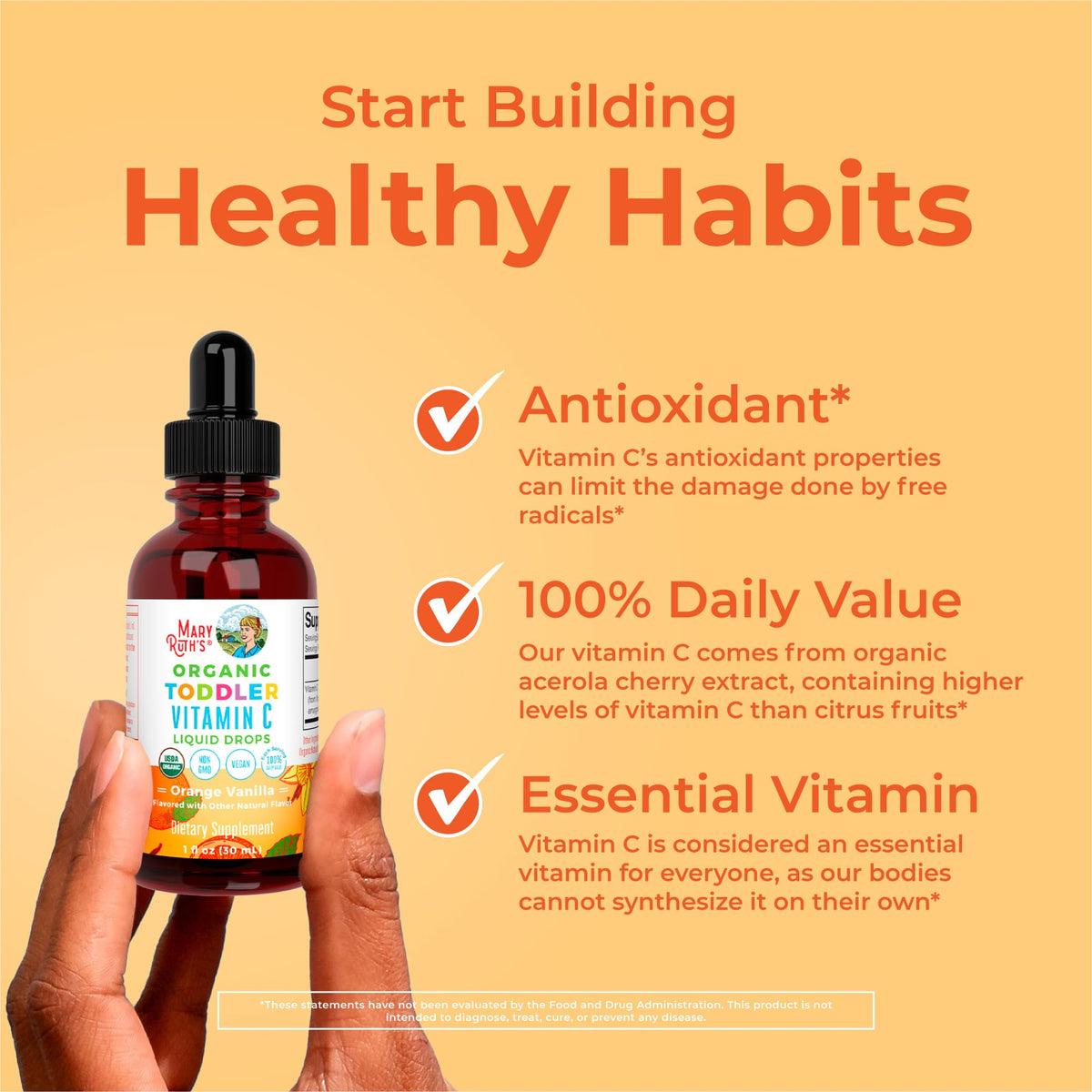 قطرات فيتامين سي للأطفال من MaryRuth Organics | فيتامين سي عضوي معتمد من وزارة الزراعة الأمريكية للأعمار 1-3 سنوات | دعم المناعة والصحة العامة | نباتي | غير معدل وراثيًا | خالٍ من الغلوتين | 30 جرعة
