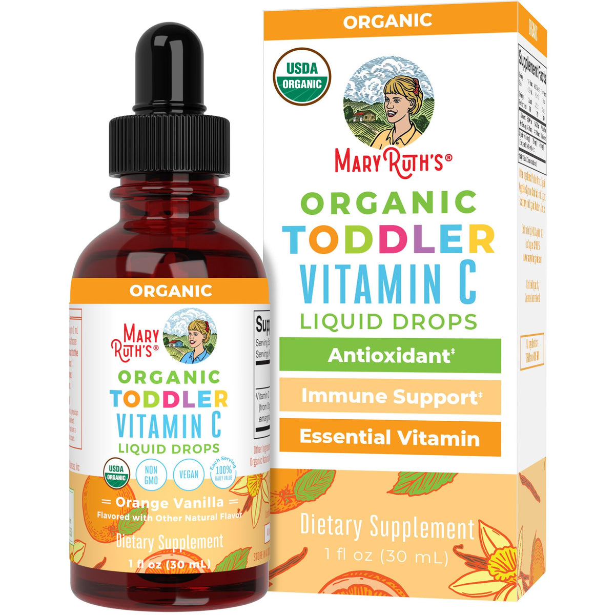قطرات فيتامين سي للأطفال من MaryRuth Organics | فيتامين سي عضوي معتمد من وزارة الزراعة الأمريكية للأعمار 1-3 سنوات | دعم المناعة والصحة العامة | نباتي | غير معدل وراثيًا | خالٍ من الغلوتين | 30 جرعة