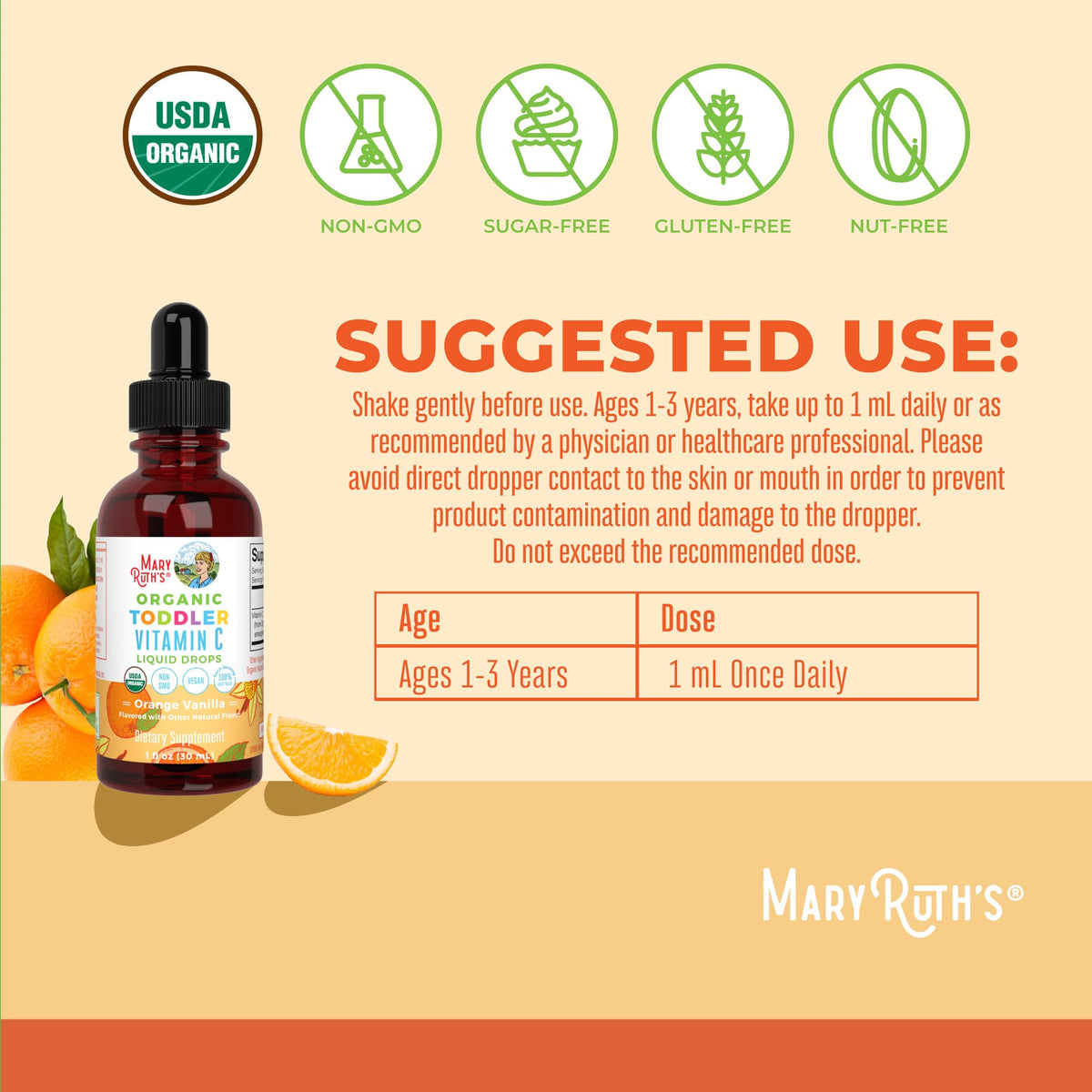 قطرات فيتامين سي للأطفال من MaryRuth Organics | فيتامين سي عضوي معتمد من وزارة الزراعة الأمريكية للأعمار 1-3 سنوات | دعم المناعة والصحة العامة | نباتي | غير معدل وراثيًا | خالٍ من الغلوتين | 30 جرعة