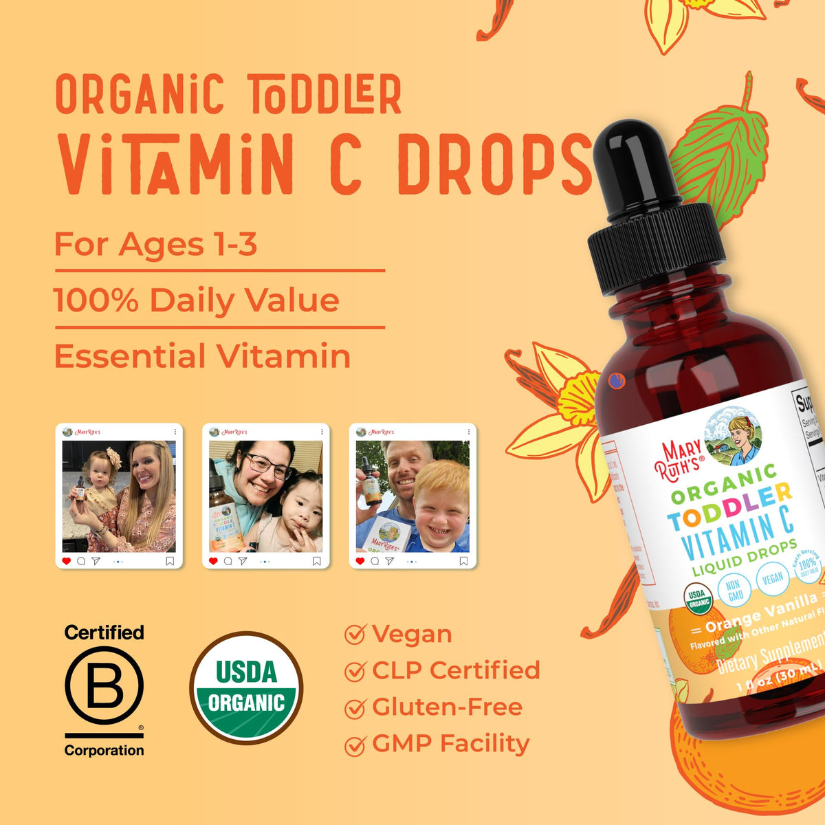 قطرات فيتامين سي للأطفال من MaryRuth Organics | فيتامين سي عضوي معتمد من وزارة الزراعة الأمريكية للأعمار 1-3 سنوات | دعم المناعة والصحة العامة | نباتي | غير معدل وراثيًا | خالٍ من الغلوتين | 30 جرعة