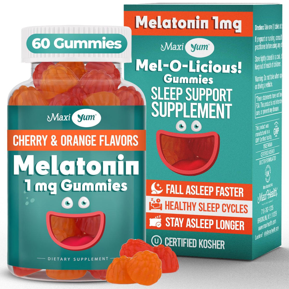 Maxi Health 1mg Melatonin Gummies – Kids Sleep Aid with Cherry & Orange Flavor (60 Count)