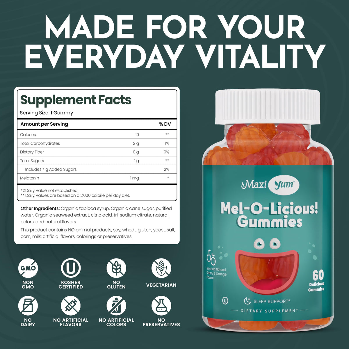 Maxi Health 1mg Melatonin Gummies – Kids Sleep Aid with Cherry & Orange Flavor (60 Count)