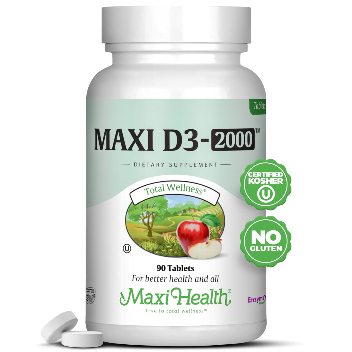 Maxi-Health فيتامين د3 2000 وحدة دولية - لوظيفة عضلية صحية وصحة العظام ودعم المناعي - 90 قرصًا - أفضل مكمل كوشير للبالغين