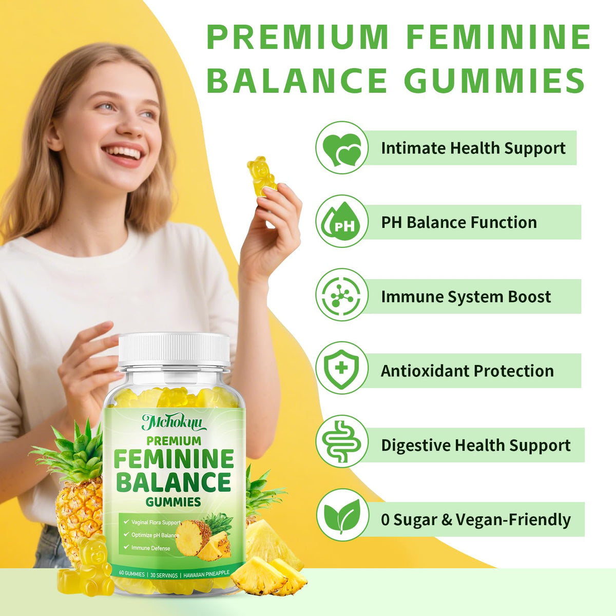 Mchokuu Premium Feminine Balance Gummies - توازن درجة الحموضة ودعم المناعة، 120 قطعة حلوى