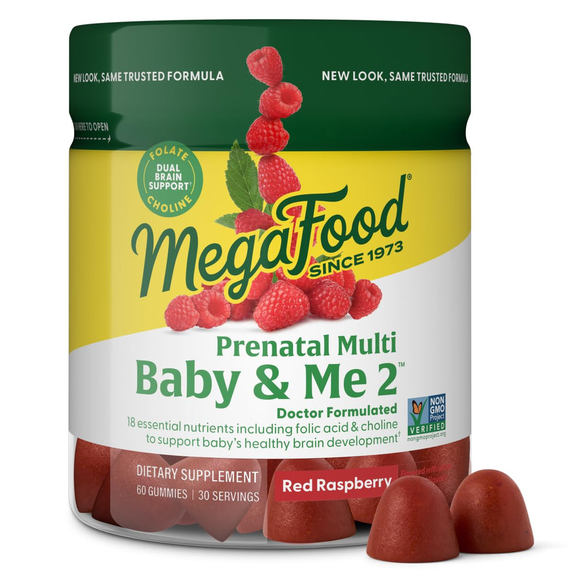 MegaFood Baby & Me 2 Prenatal Gummies – حمض الفوليك، الكولين، توت العليق الأحمر، 60 قطعة مضغ