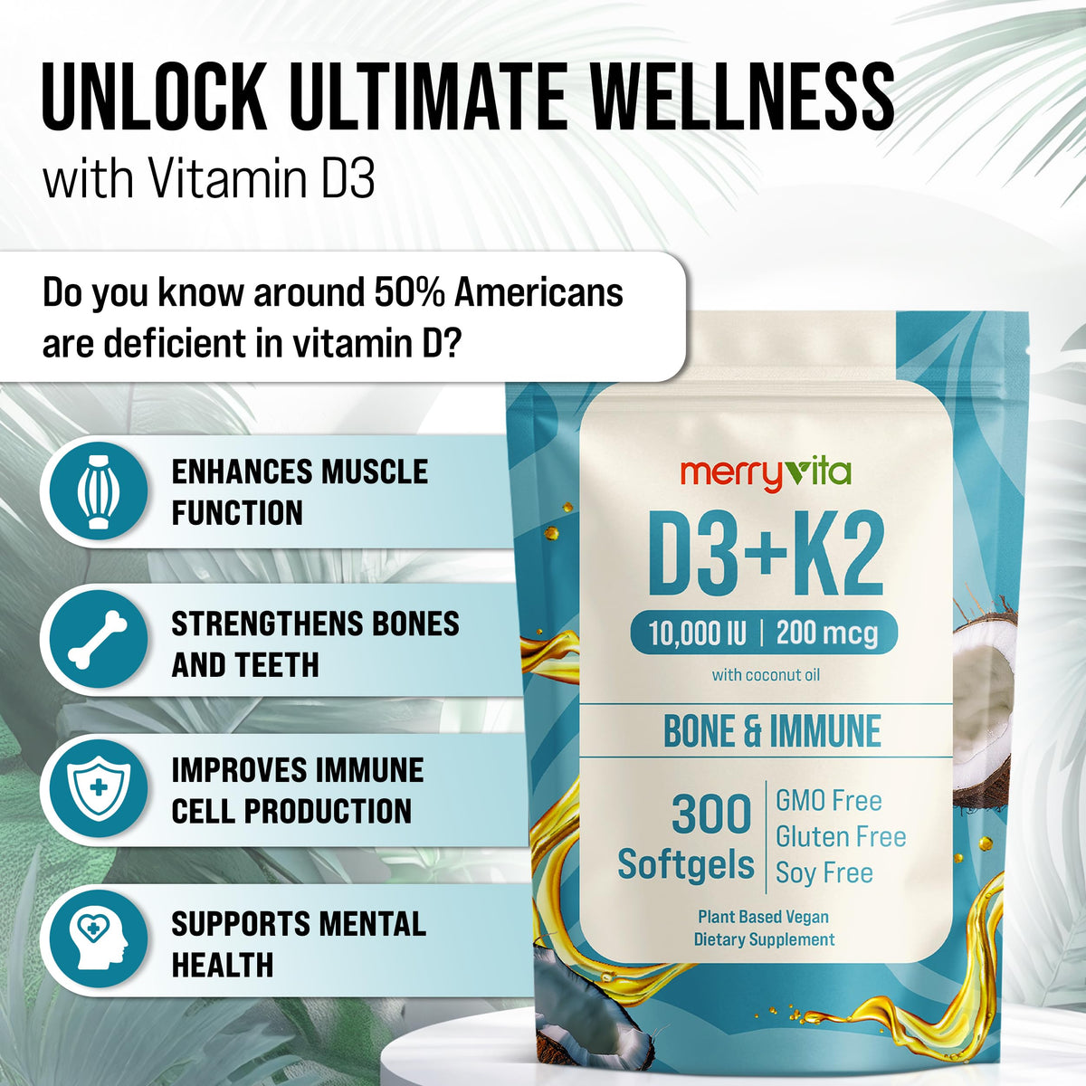 MERRY VITA Vitamin D3 K2 300 Softgels β 10,000 IU D3 + 200 mcg K2 MK7 β Plant-Based, Vegan, Gluten-Free