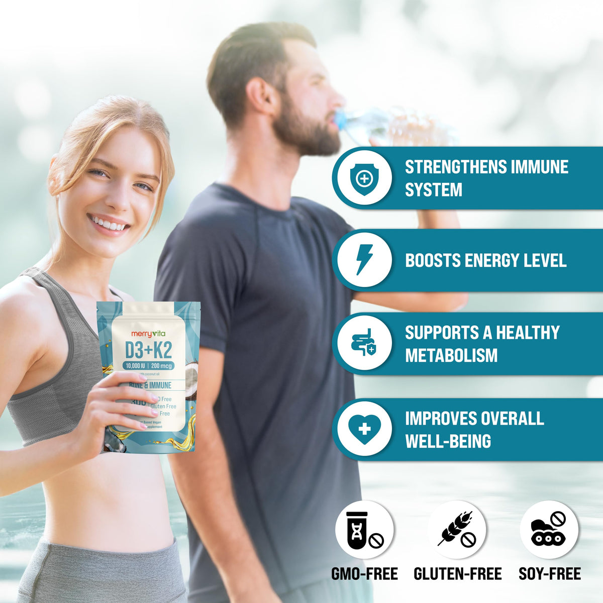 MERRY VITA Vitamin D3 K2 300 Softgels β 10,000 IU D3 + 200 mcg K2 MK7 β Plant-Based, Vegan, Gluten-Free