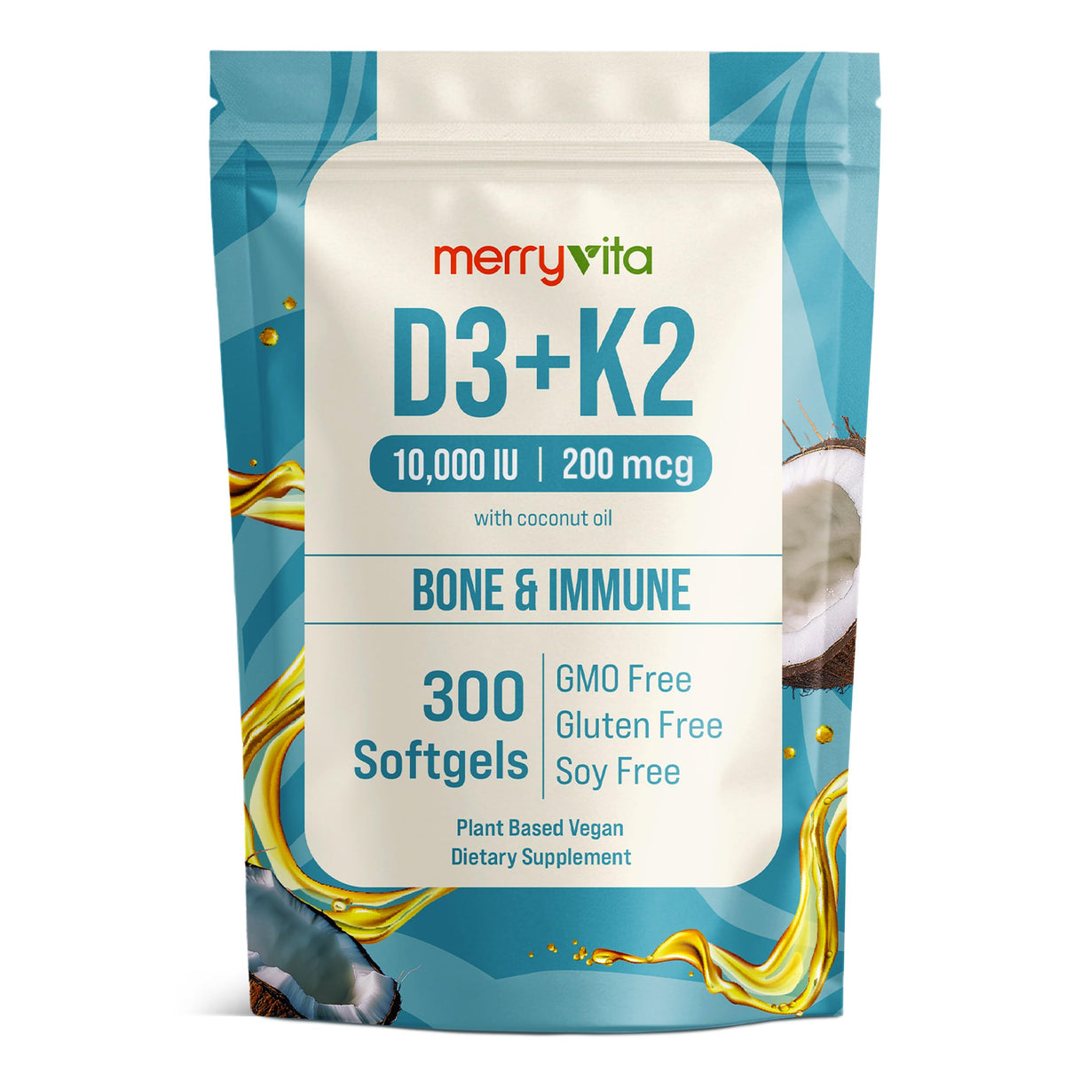 MERRY VITA Vitamin D3 K2 300 Softgels β 10,000 IU D3 + 200 mcg K2 MK7 β Plant-Based, Vegan, Gluten-Free