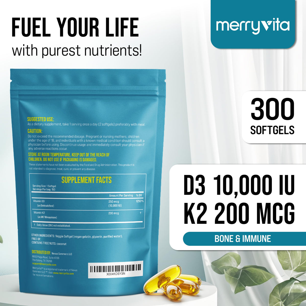 MERRY VITA Vitamin D3 K2 300 Softgels β 10,000 IU D3 + 200 mcg K2 MK7 β Plant-Based, Vegan, Gluten-Free