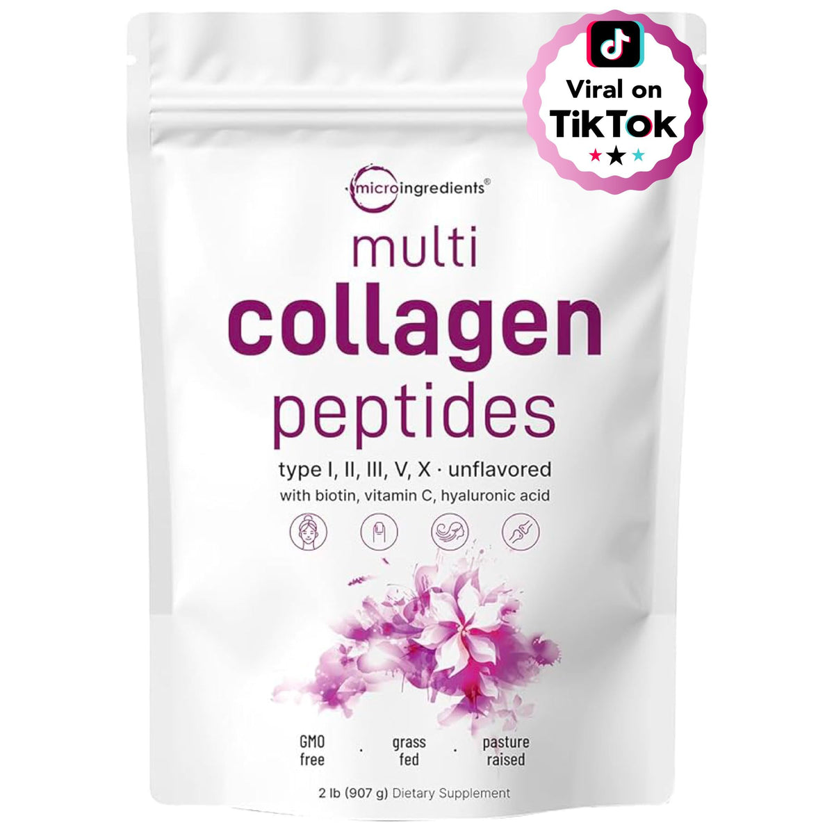 Micro Ingredients Multi Collagen Peptides Powder 2lb β Full Spectrum Types I, II, III, V, X + Hyaluronic Acid, Biotin & Vitamin C | Unflavored | Keto & Paleo | Non-GMO