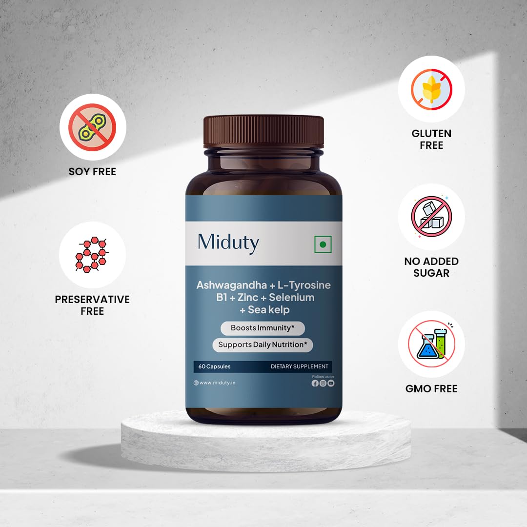 Miduty KSM-66 أشواغاندا + عشب البحر العضوي - إل-تيروسين، يود - 60 كبسولة