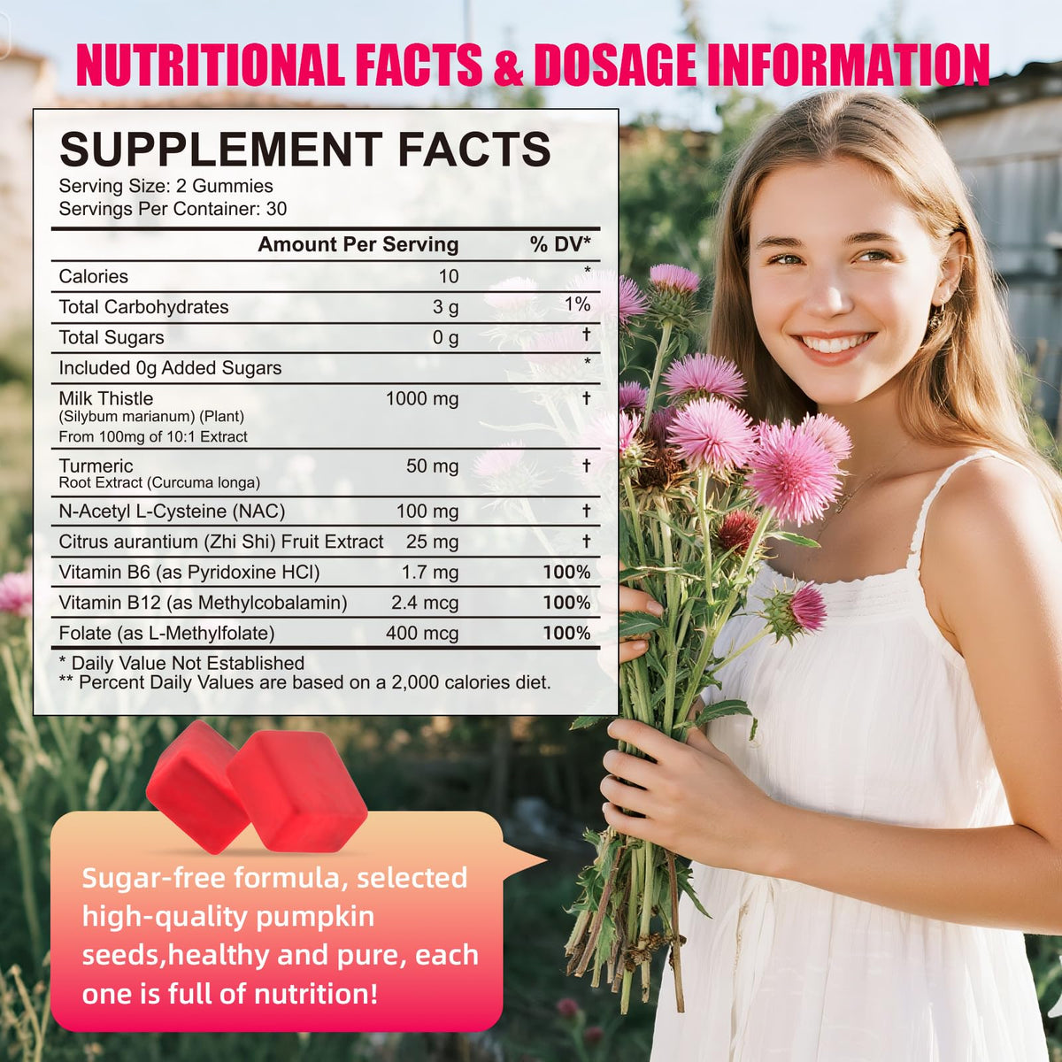 Milk Thistle Liver Detox Gummies - 1000mg per Serving, Sugar-Free, Turmeric, NAC & Folate | Non-GMO & Gluten-Free