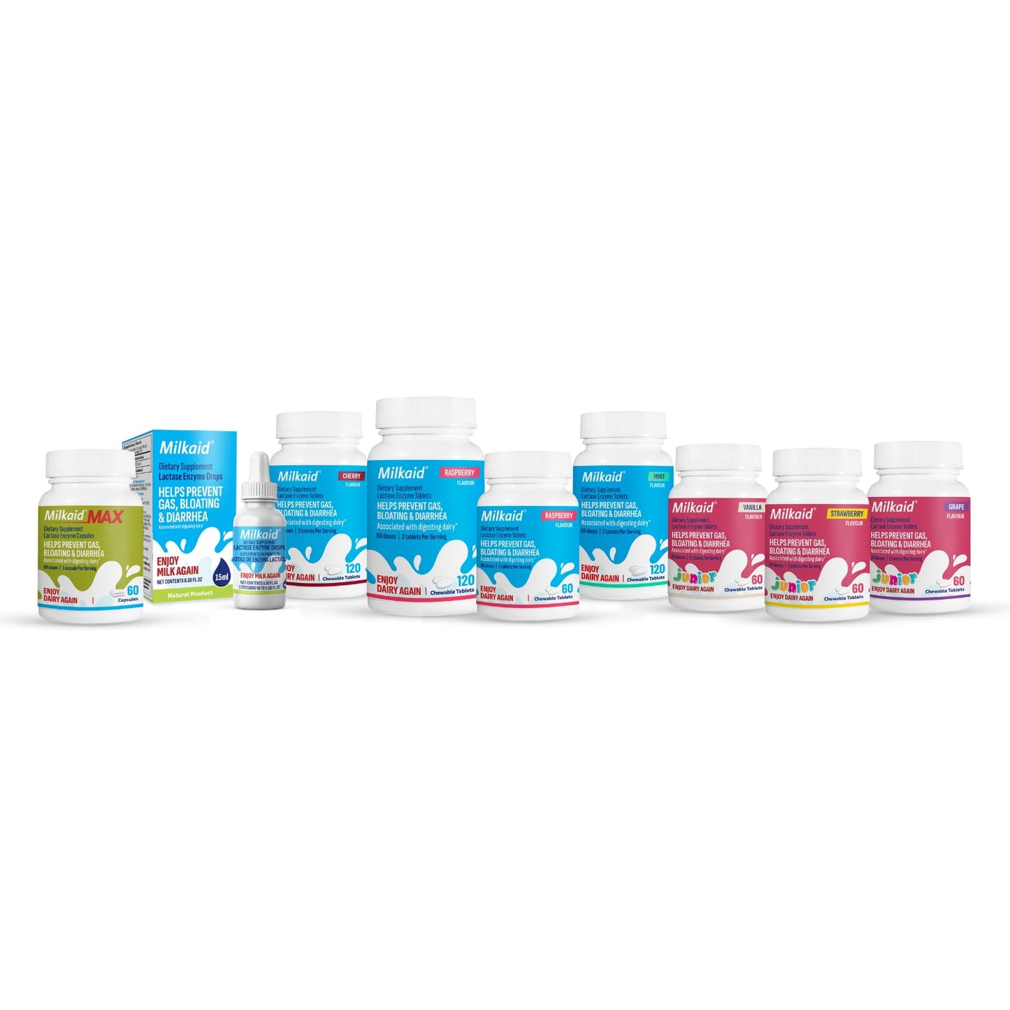 Milkaid Lactase Chewables – Lactose Intolerance Relief | Fast Acting Dairy Digestive Supplement (120 Tablets, Raspberry)