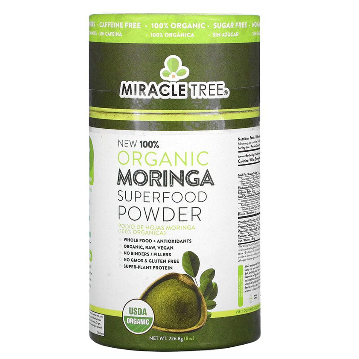 مسحوق المورينجا الخارق العضوي 100% من Miracle Tree - 8 أوقية (226.8 جم) | عضوي، نباتي، غير معدل وراثيًا