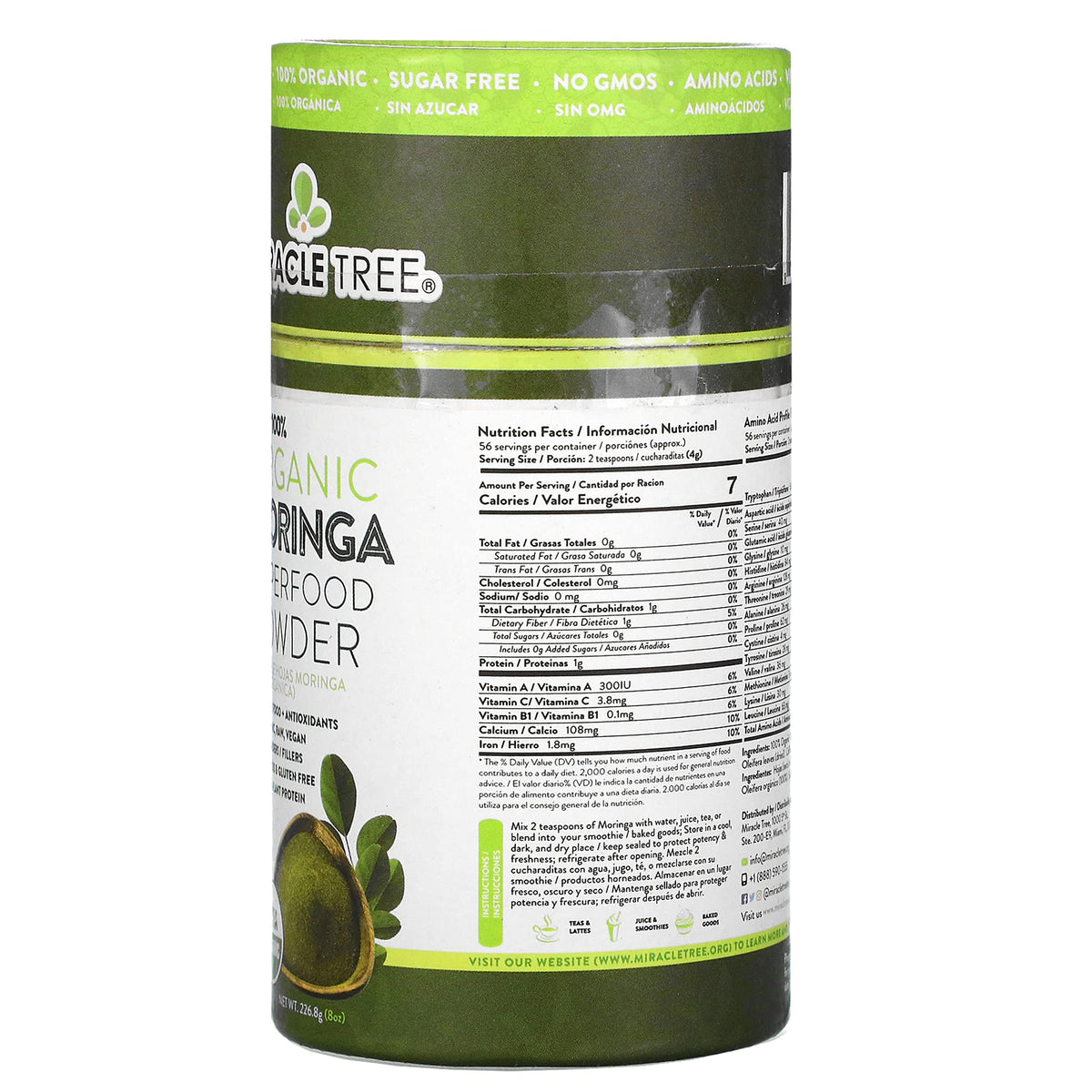 مسحوق المورينجا الخارق العضوي 100% من Miracle Tree - 8 أوقية (226.8 جم) | عضوي، نباتي، غير معدل وراثيًا