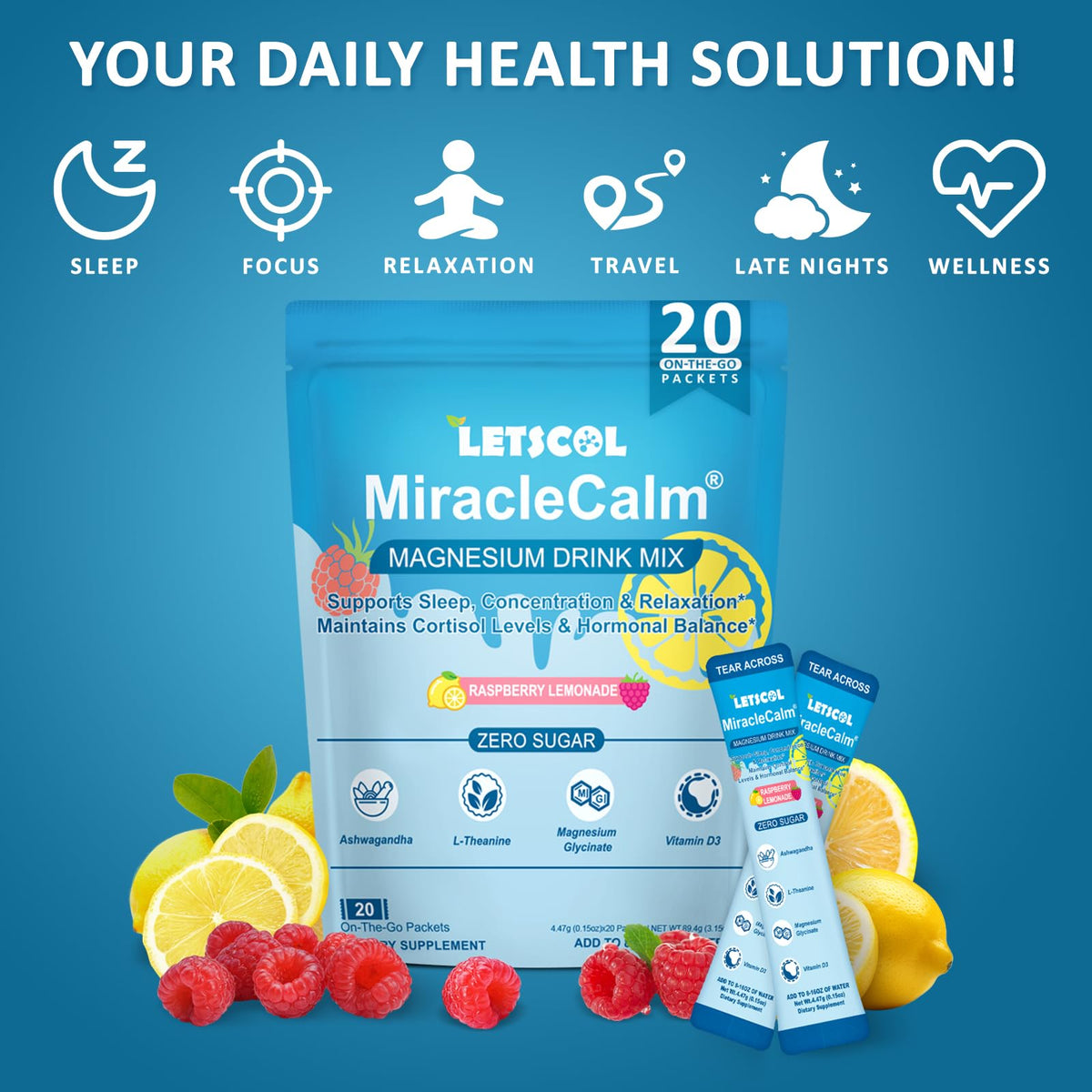 MiracleCalm Drink Mix Powder β Calm Magnesium + Calcium for Sleep, Stress Relief & Focus (Sugar Free)