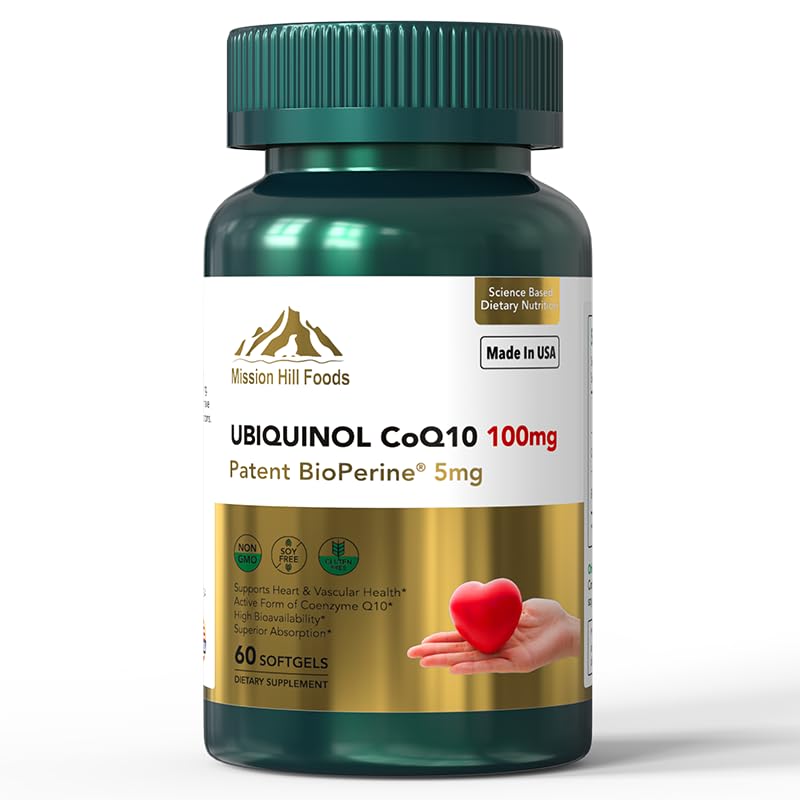 Mission Hill Foods Ubiquinol CoQ10 + BioPerine 100mg – مضاد أكسدة لصحة القلب، 60 كبسولة هلامية (تكفي لشهرين) | غير معدل وراثيًا وخالٍ من الجلوتين