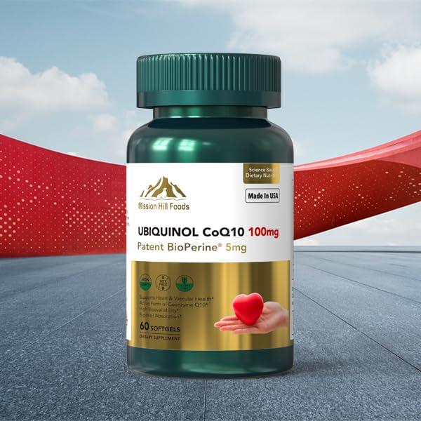 Mission Hill Foods Ubiquinol CoQ10 + BioPerine 100mg – مضاد أكسدة لصحة القلب، 60 كبسولة هلامية (تكفي لشهرين) | غير معدل وراثيًا وخالٍ من الجلوتين
