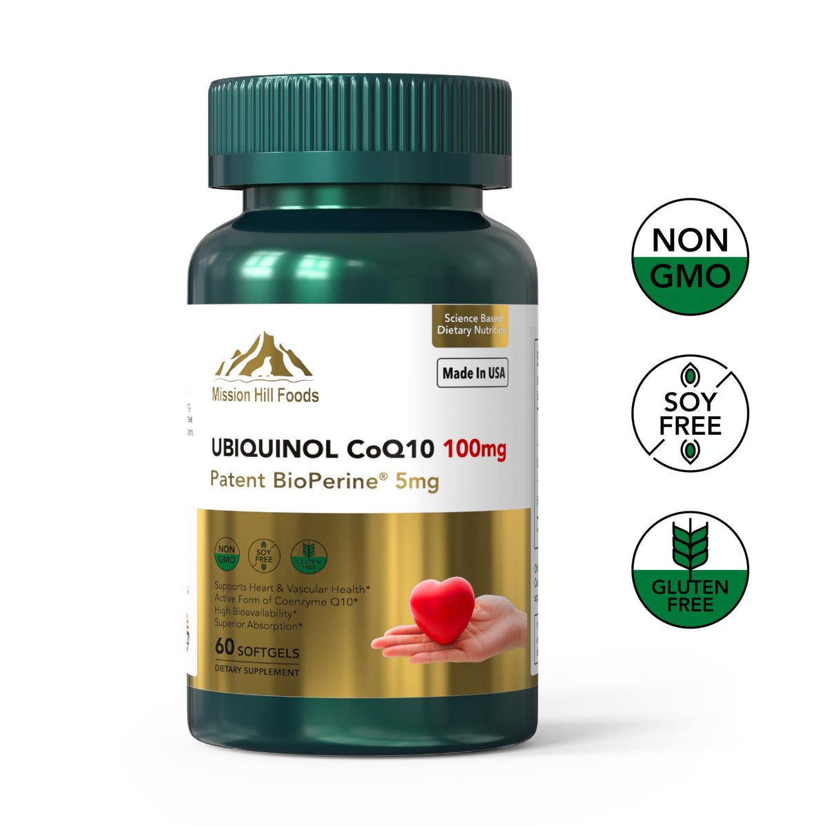 Mission Hill Foods Ubiquinol CoQ10 + BioPerine 100mg – مضاد أكسدة لصحة القلب، 60 كبسولة هلامية (تكفي لشهرين) | غير معدل وراثيًا وخالٍ من الجلوتين