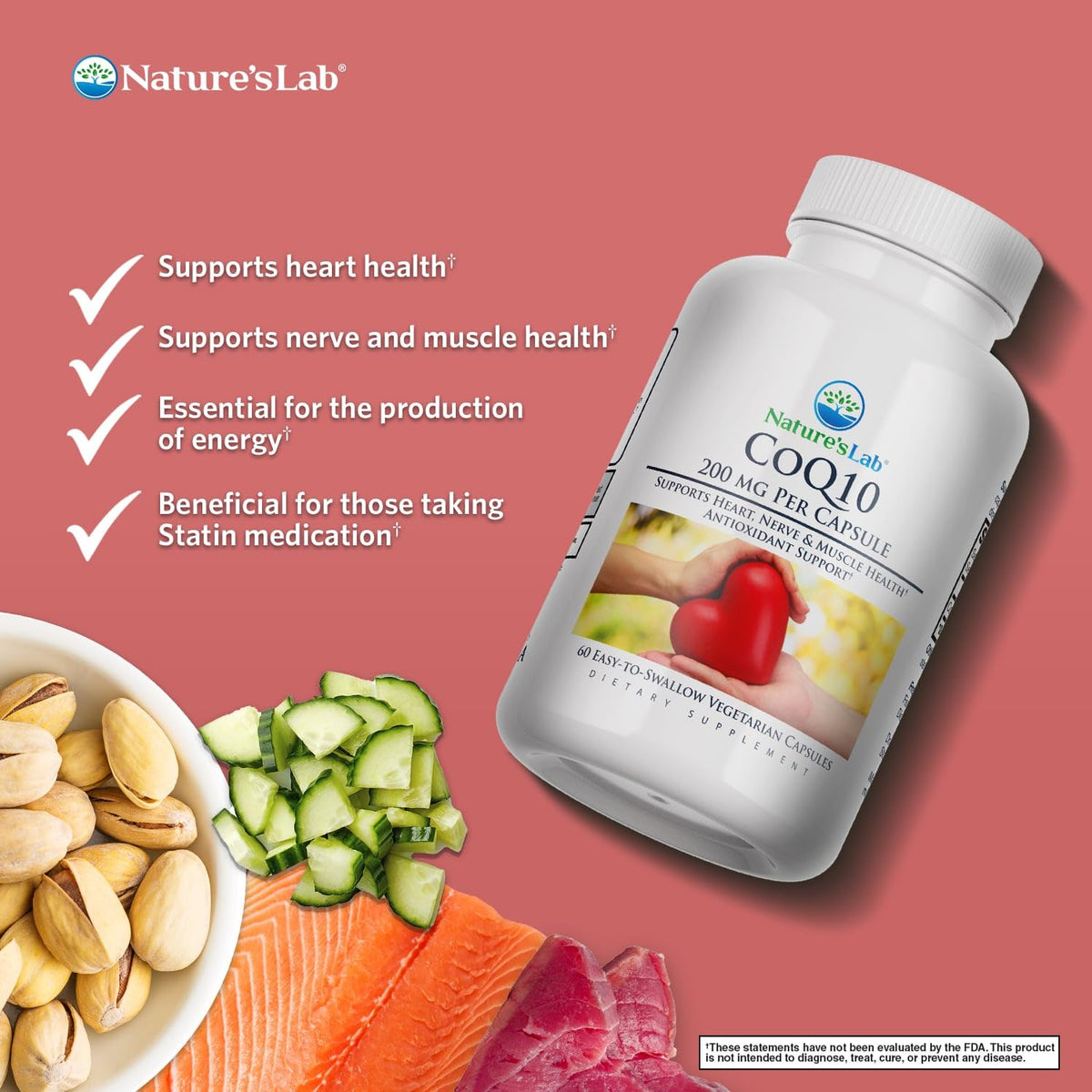 Nature's Lab CoQ10 200mg – يدعم صحة القلب والأعصاب والعضلات* – 60 كبسولة (تكفي شهرين)