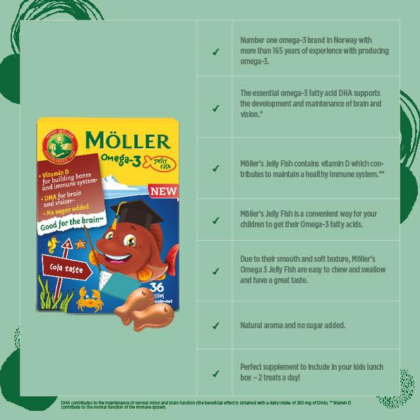 Moller’s ® أوميغا-3 جيلي للأطفال – بنكهة الكولا، 36 كبسولة | DHA و EPA، خالٍ من الغلوتين