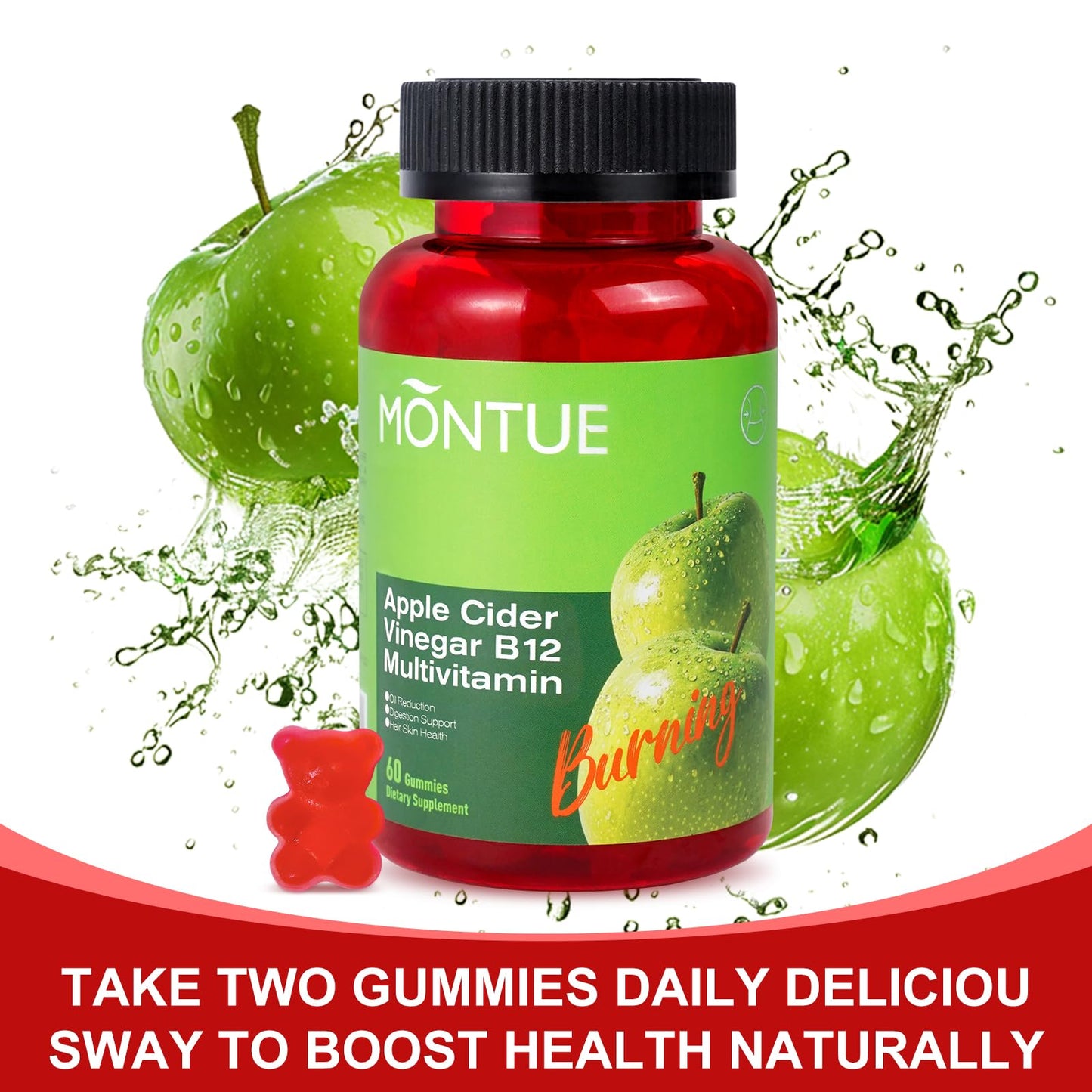 Montue Apple Cider Vinegar Gummies with B12 Multivitamin – ACV Supplement, Vegan, Non-GMO, 60 Gummies (30 servings) | Supports Energy & Gut Health