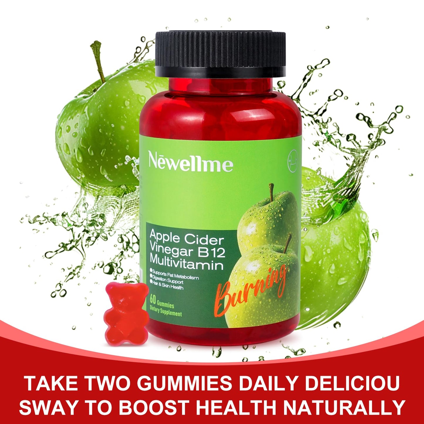 Montue NEWELLME Apple Cider Vinegar Gummies with B12 – Vegetarian ACV Supplement, 30 Gummies